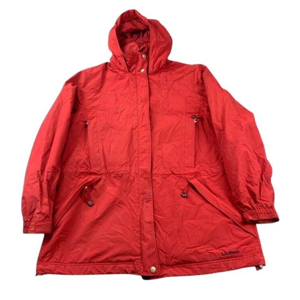 LL Bean Jacket Women‎ L Hooded Rain Parka Red Nylon Mesh Lined Zip Windbreaker